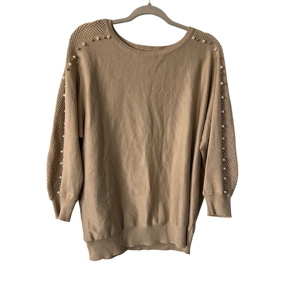 80 Park Women's Long Sleeve Lightweight Embellished Beige Sweater EUC Size XL